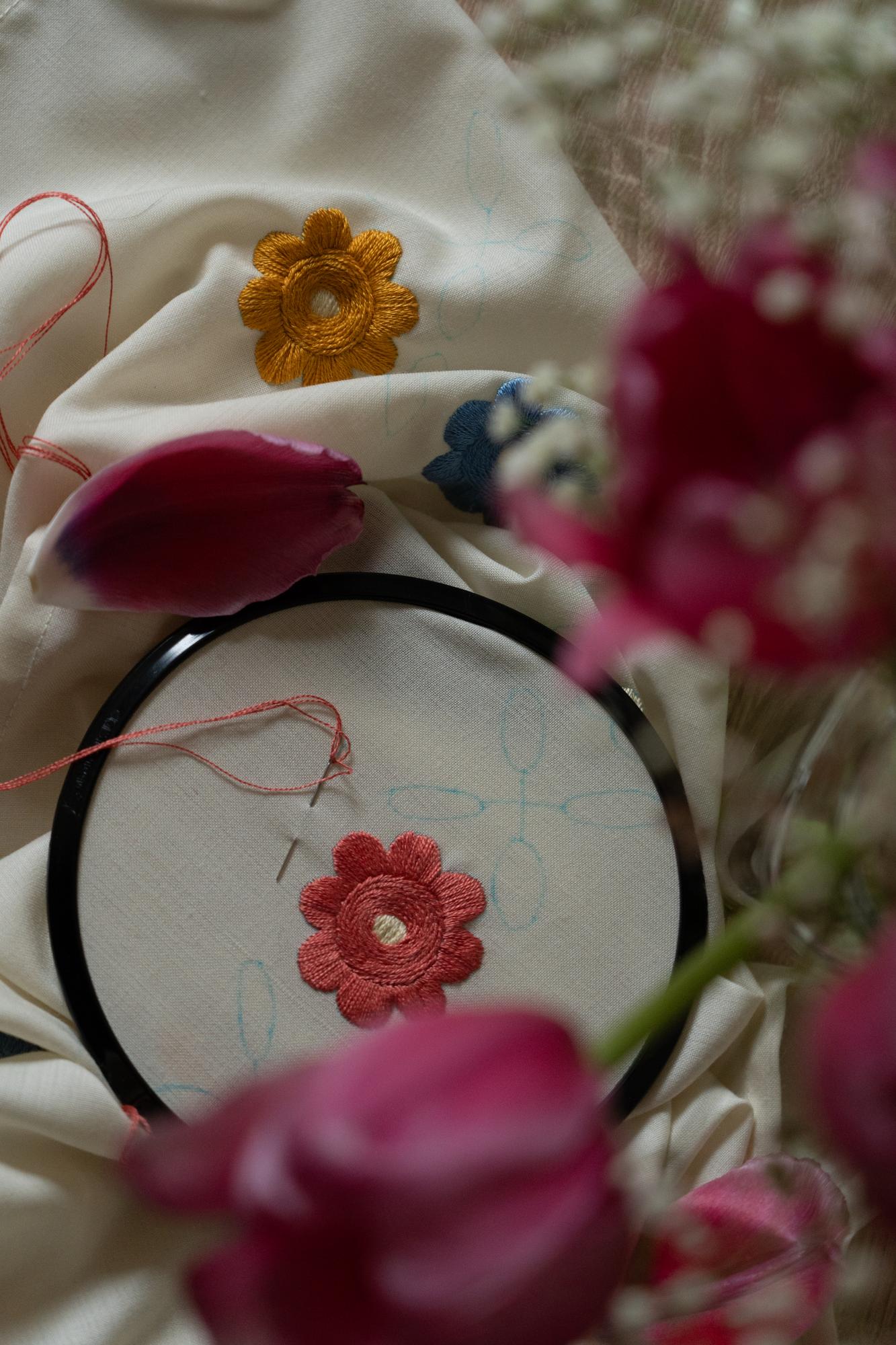 Detailed embroidered floral hoop close-up
